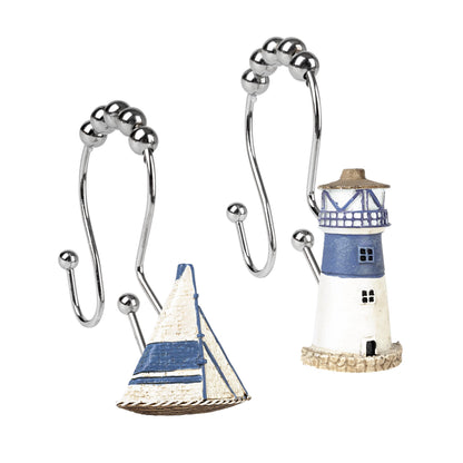 Sunlit Nautical Shower Curtain Hooks, Home Decorative Coastal Shower Curtain Rings for Bathroom, Resin, Ocean Shower Curtain Hanger Hooks for Living Room, Set of 12, Blue Lighthouse Sailboat