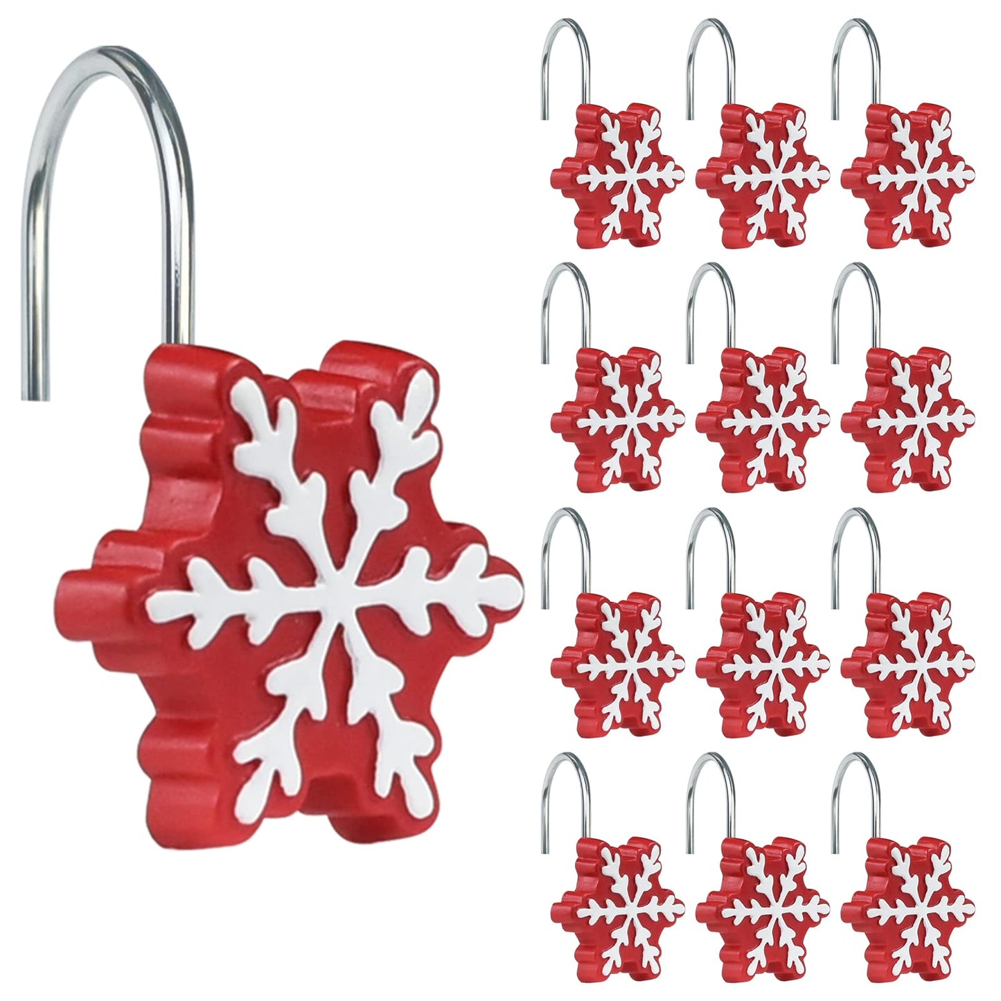 Sunlit Christmas Shower Curtain Hooks Silver Snowflakes Shower Curtain Rings, Resin, White Christmas Decor, Winter Bathroom Decoration - 12 Pack