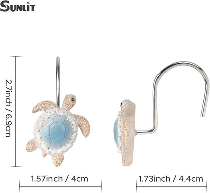 Sunlit Sea Turtle Shower Curtain Hooks with Pearl Accents, Nautical Home Decorative Shower Curtain Rings, Hand-Painted Resin, Cute Ocean Shower Curtain Hanger Hooks for Kids Bathroom, Set of 12