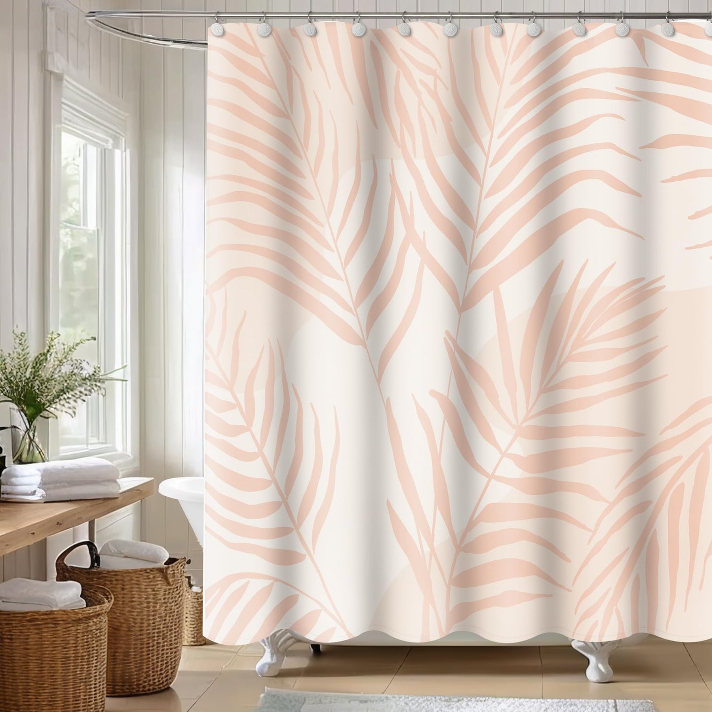 Sunlit 36x72 Inches Sage Green Textured Slubbed Fabric Shower Curtain, Mid Century Modern Palm Leaf Small Stall Shower Curtains for Bathroom Decoration, RV Half Size Narrow Boho Bathroom Curtains