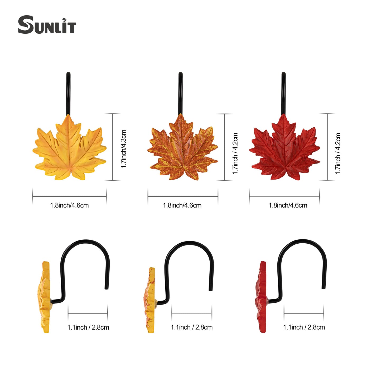 Sunlit Maple Leaf Shower Curtain Hooks for Fall Autumn, Home Decorative Shower Curtain Rings for Bathroom, Resin, Orange Red Maple Leaves Shower Curtain Hangers Hooks Bath Accessories, Set of 12
