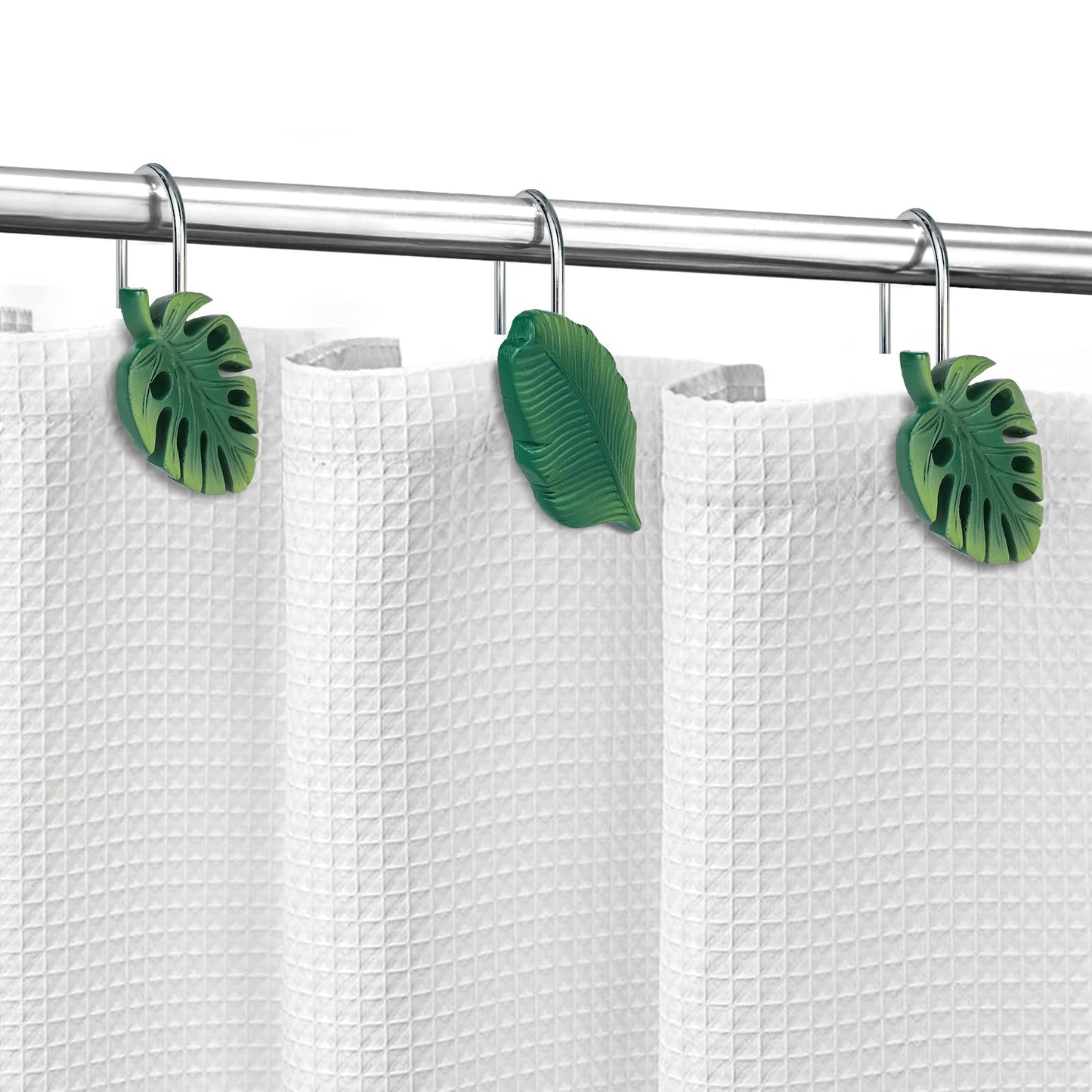 Tropical Leaf Decorative Shower Curtain Hooks, Green Botanical Shower Curtain Rings with Black Hooks, Resin, Monstera Deliciosa Leaves Shower Curtain Hangers for Bathroom, Set of 12