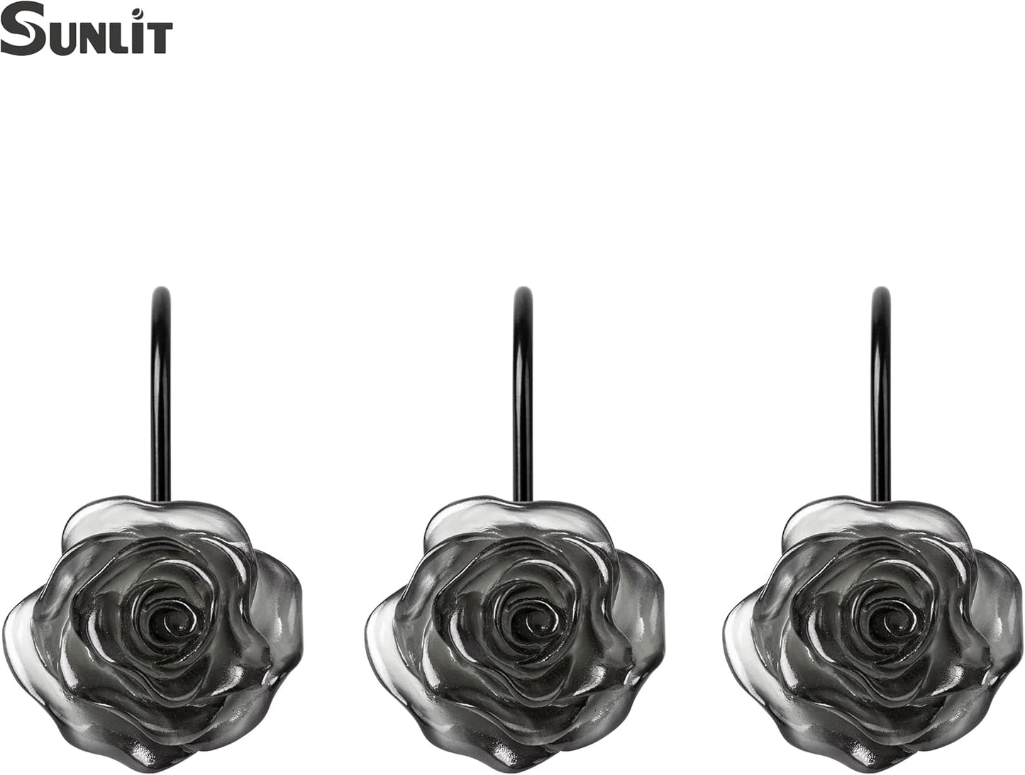 Sunlit Rose Shower Curtain Hooks, Home Decorative Flower Shower Curtain Rings for Bathroom, Resin, Pink Floral Shower Curtain Hanger Hooks for Living Room, Set of 12