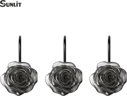 Sunlit Rose Shower Curtain Hooks, Home Decorative Flower Shower Curtain Rings for Bathroom, Resin, Pink Floral Shower Curtain Hanger Hooks for Living Room, Set of 12