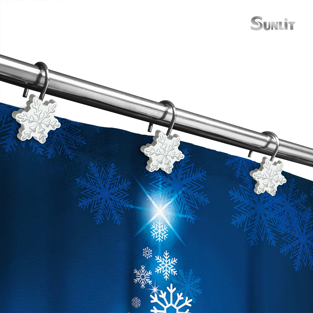Sunlit Christmas Shower Curtain Hooks Snowflakes Double Shower Curtain Rings, Resin, Red and White Christmas Decor, Winter Bathroom Decoration - 12 Pack