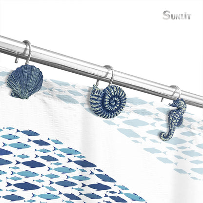 Sunlit Seashells Decorative Shower Curtain Hooks, Blue Ocean Creatures Coastal Shower Curtain Rings with Black Hooks, Resin, Nautical Bathroom Decoration Beach Shower Curtain Hooks, Set of 12