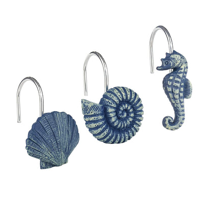Sunlit Seashells Decorative Shower Curtain Hooks, Blue Ocean Creatures Coastal Shower Curtain Rings with Black Hooks, Resin, Nautical Bathroom Decoration Beach Shower Curtain Hooks, Set of 12
