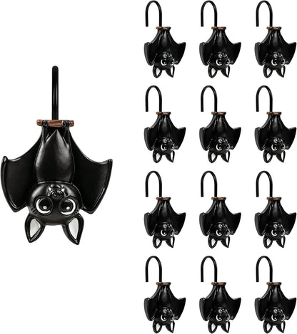 Sunlit Upside Down Bat Shower Curtain Hooks, Home Decorative Shower Curtain Rings for Bathroom, Halloween Shower Curtain Hangers Bathroom Accessories, Set of 12, Black