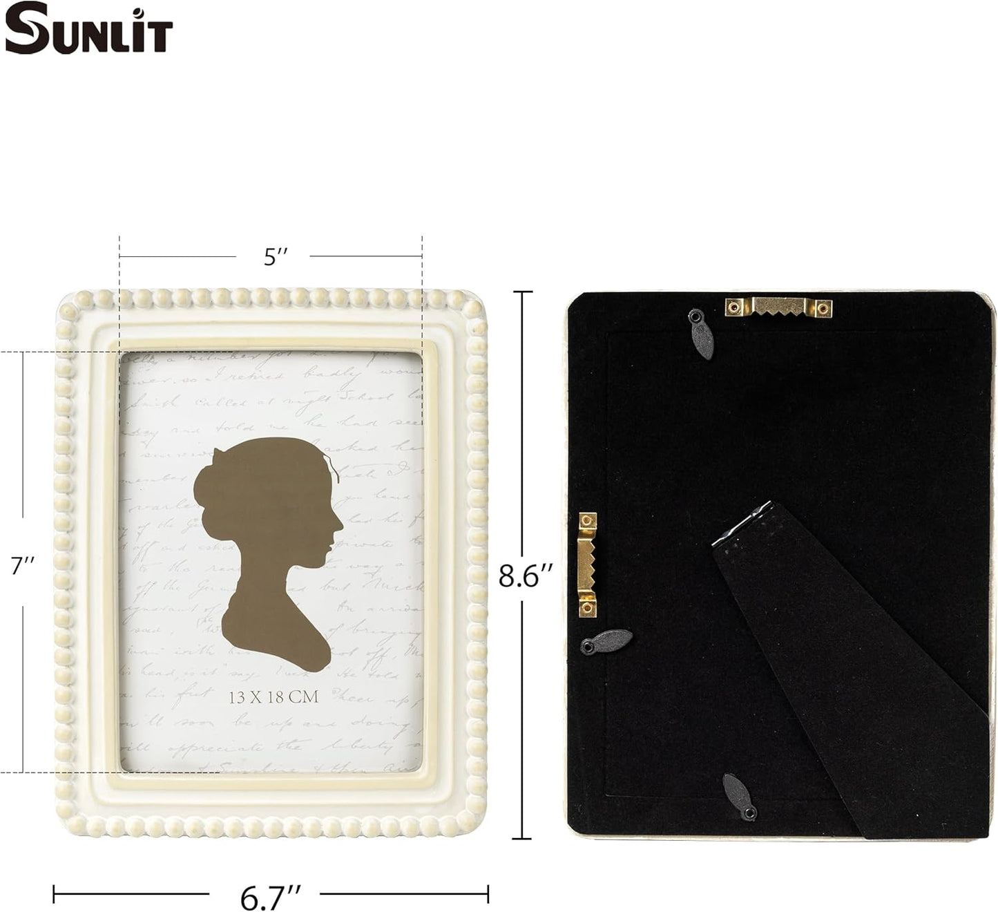 Sunlit Boho Vintage Picture Frame 5x7 Inch with Beaded Border, Luxury Antique Square Photo Frames with Glass Front, Photo Display, Tabletop Wall Hanging, Gift Idea, Distressed White