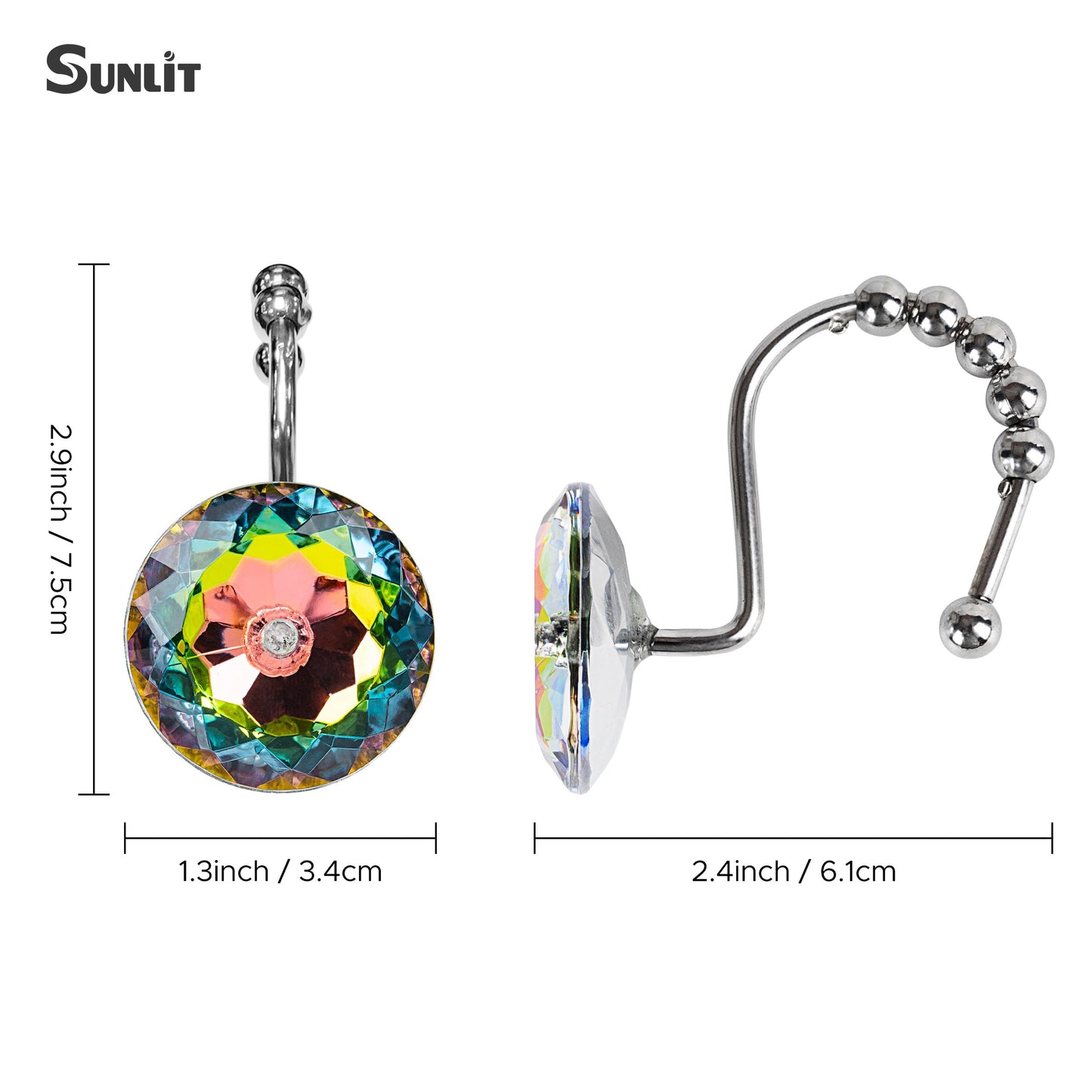 Sunlit Luxury Design Round Clear Diamond Crystal Gem Bling with Glide Balls Double Shower Curtain Hooks, Rust Proof Metal Rhinestones Glam Shower Curtain Rings-12 Pack