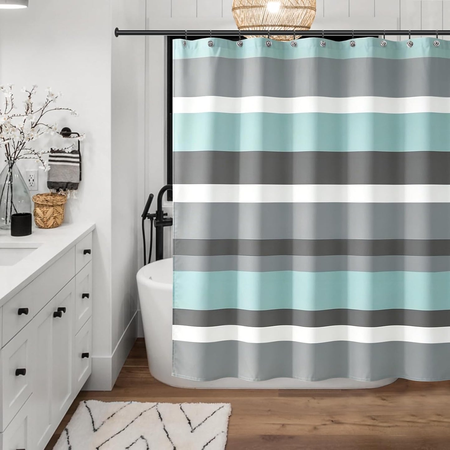 Sunlit Aqua Blue Gray Horizontal Stripes Water-Repellent Fabric Shower Curtain with Reinforced Metal Grommets Refreshing Striped Design Bathroom Decor