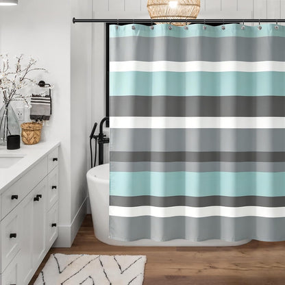 Sunlit Aqua Blue Gray Horizontal Stripes Water-Repellent Fabric Shower Curtain with Reinforced Metal Grommets Refreshing Striped Design Bathroom Decor