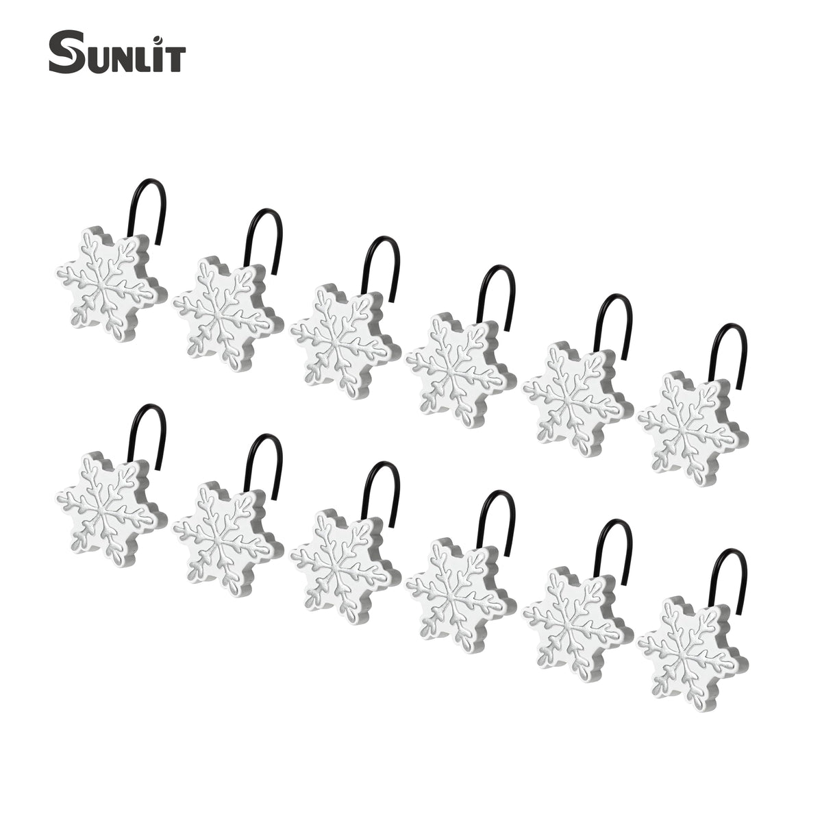 Sunlit Christmas Shower Curtain Hooks Snowflakes Double Shower Curtain Rings, Resin, Red and White Christmas Decor, Winter Bathroom Decoration - 12 Pack