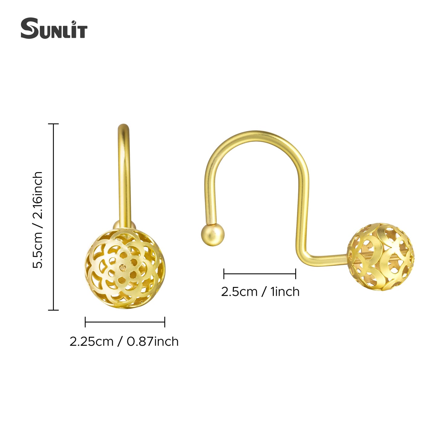 Sunlit Gold Hollow Ball Shower Curtain Hooks, Metal Home Decorative Shower Curtain Rings for Bathroom, Modern Shower Curtain Hangers Bathroom Accessories, Set of 12