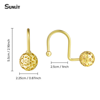 Sunlit Gold Hollow Ball Shower Curtain Hooks, Metal Home Decorative Shower Curtain Rings for Bathroom, Modern Shower Curtain Hangers Bathroom Accessories, Set of 12