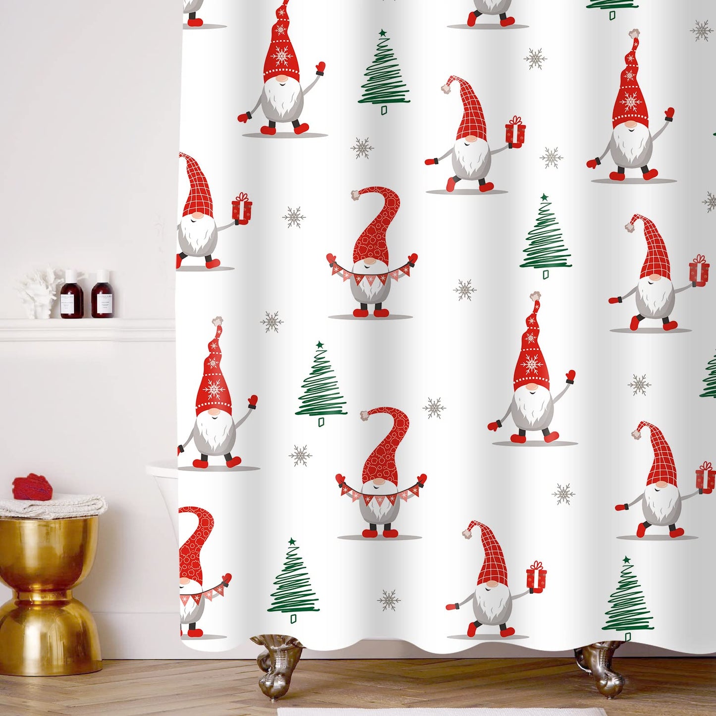 Sunlit Geometric Modern Design Christmas Shower Curtain Christmas Tree Bathroom Home Office Holiday Wall Decoration as Tapestry and Photo Booth Backdrop Red Green White Printed