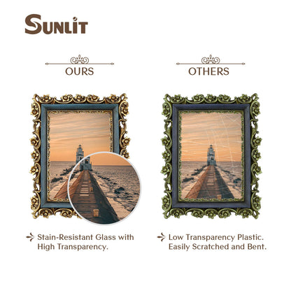 Sunlit Vintage Picture Frame 4x6 Inch, Luxury Antique Photo Frames with Glass Front, Photo Display, Tabletop Wall Hanging, Gift Ideas, Retro Blue and Gold
