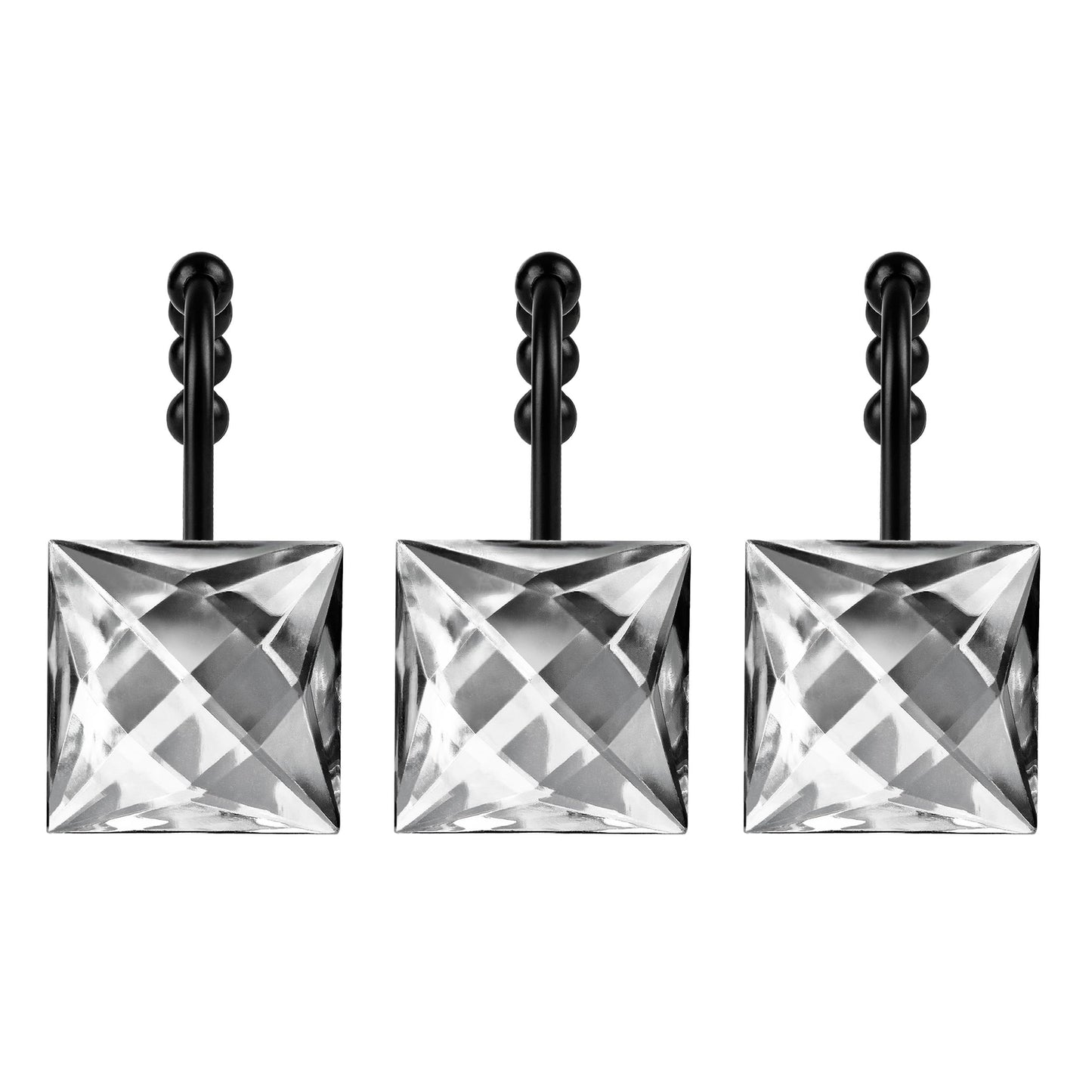 Sunlit Luxury Design Square Red Diamond Crystal Gem Bling with Glide Balls Shower Curtain Hooks, Rust Proof Metal Rhinestones Glam Shower Curtain Rings-12 Pack