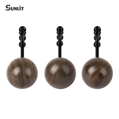 Sunlit Boho Wood Beads Decorative Shower Curtain Hooks, Shower Curtain Rings with Roller Balls, Farmhouse Bathroom Decoration Curtain Hangers Accessories, Set of 12, Walnut Wood