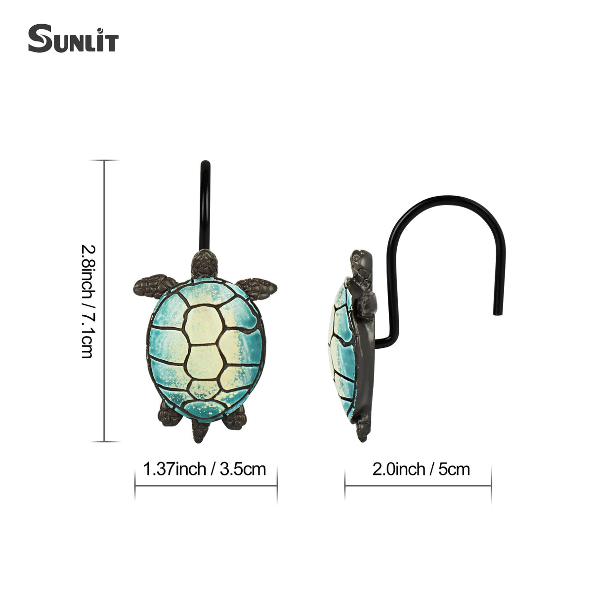 Sunlit Tilt Sea Turtle Shower Curtain Hooks, Home Decorative Shower Curtain Rings with Black Hooks for Bathroom, Resin, Ocean Shower Curtain Hanger Hooks for Kid Room Living Room, Set of 12