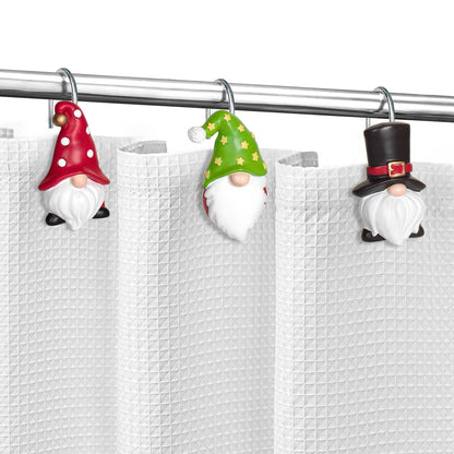 Sunlit Christmas Shower Curtain Hooks, Gnome Shower Curtain Rings, Hand Painted Resin Christmas Decor, Winter Bathroom Decoration, Black Green Red with Star, Set of 12