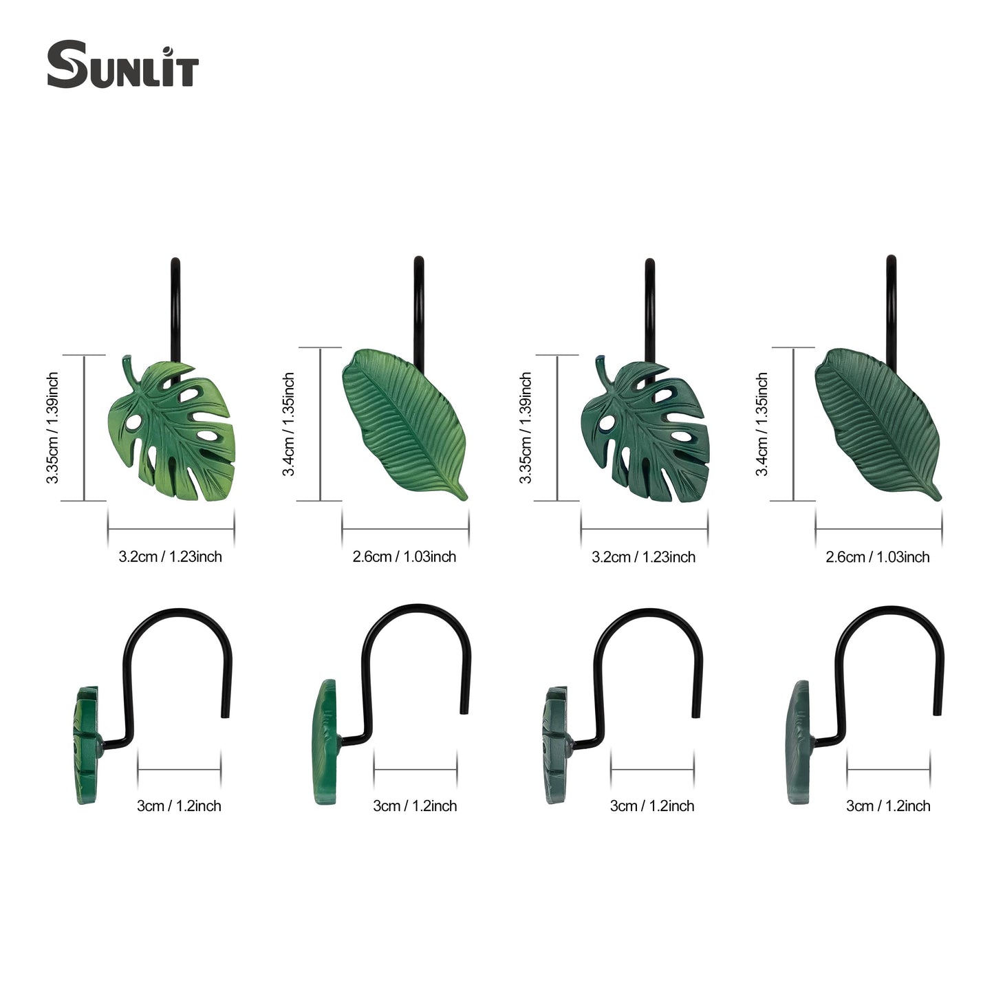Tropical Leaf Decorative Shower Curtain Hooks, Green Botanical Shower Curtain Rings with Black Hooks, Resin, Monstera Deliciosa Leaves Shower Curtain Hangers for Bathroom, Set of 12