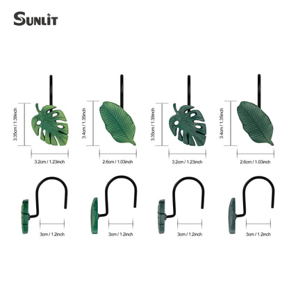 Tropical Leaf Decorative Shower Curtain Hooks, Green Botanical Shower Curtain Rings with Black Hooks, Resin, Monstera Deliciosa Leaves Shower Curtain Hangers for Bathroom, Set of 12