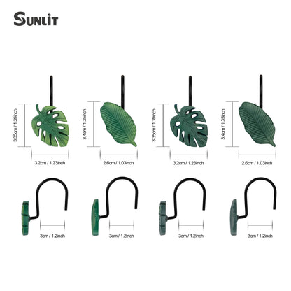 Tropical Leaf Decorative Shower Curtain Hooks Green Botanical Shower Curtain Rings, Resin, Monstera Deliciosa Leaves Shower Curtain Hangers for Bathroom, Set of 12