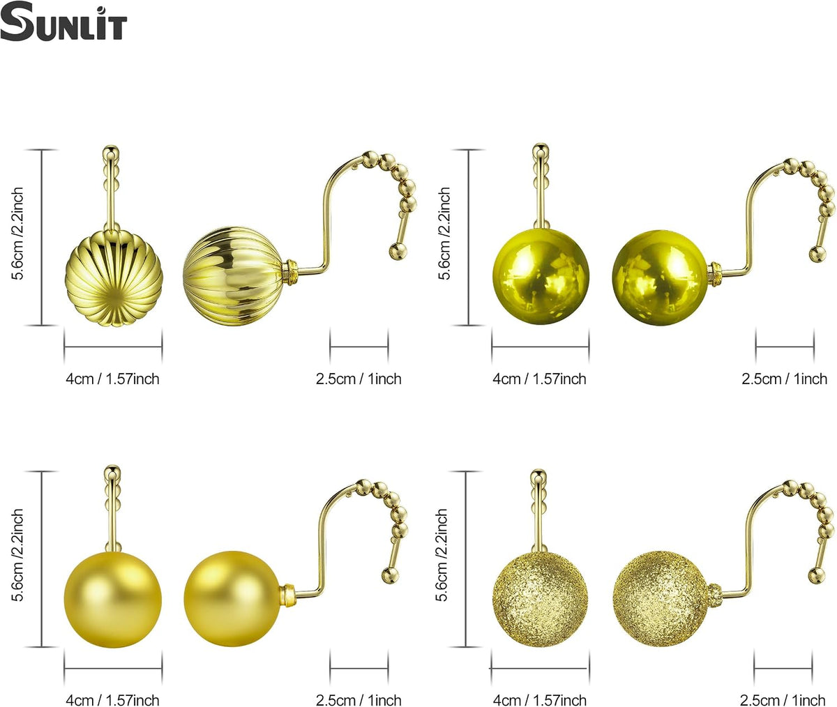 Sunlit Christmas Balls Decorative Shower Curtain Hooks, Shower Curtain Rings with Roller Balls, Xmas Theme Winter Holiday Bathroom Decoration, Set of 12, Golden