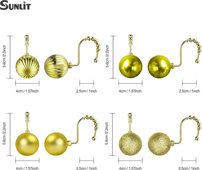 Sunlit Christmas Balls Decorative Shower Curtain Hooks, Shower Curtain Rings with Roller Balls, Xmas Theme Winter Holiday Bathroom Decoration, Set of 12, Golden