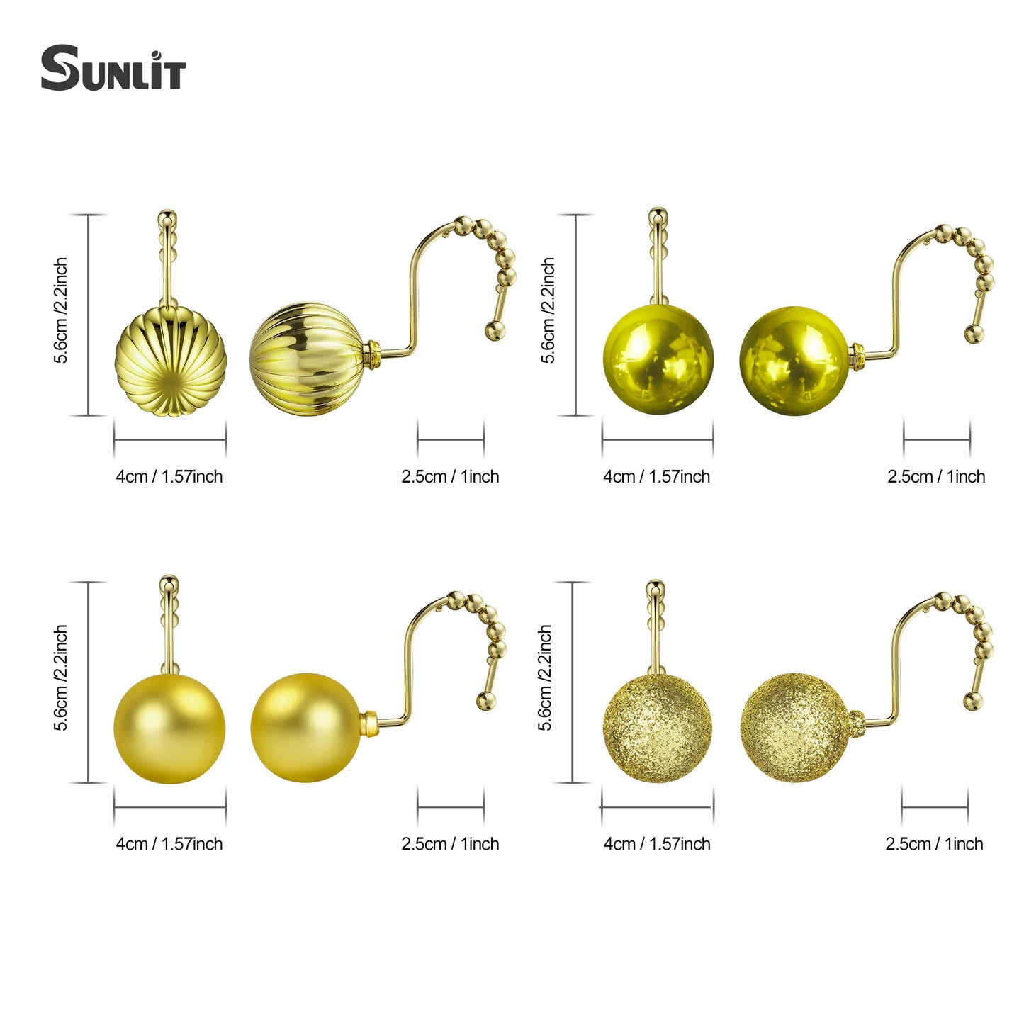 Sunlit Christmas Balls Decorative Shower Curtain Hooks, Shower Curtain Rings with Roller Balls, Xmas Theme Winter Holiday Bathroom Decoration, Set of 12, Red