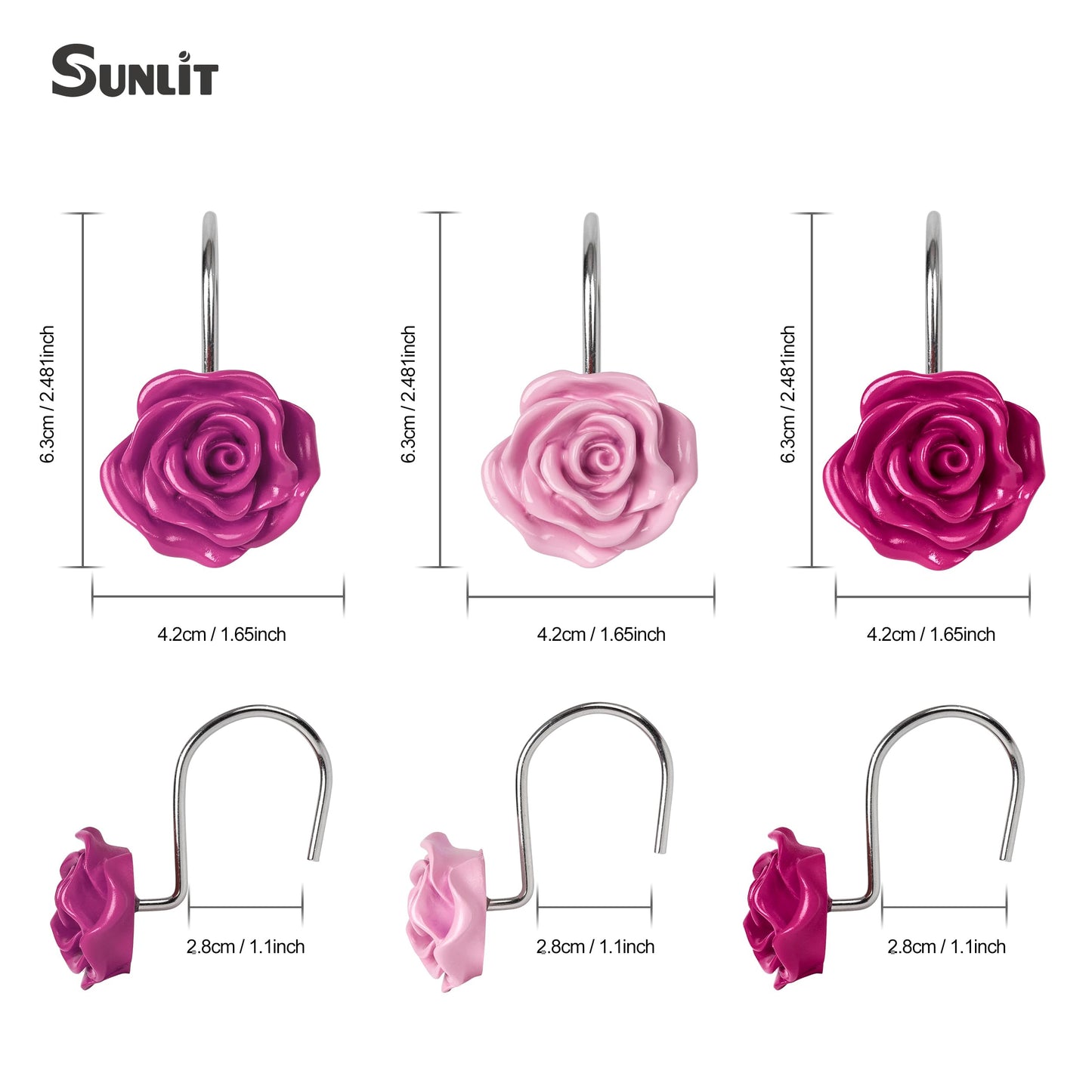 Sunlit Rose Shower Curtain Hooks, Home Decorative Flower Shower Curtain Rings for Bathroom, Resin, Pink Floral Shower Curtain Hanger Hooks for Living Room, Set of 12