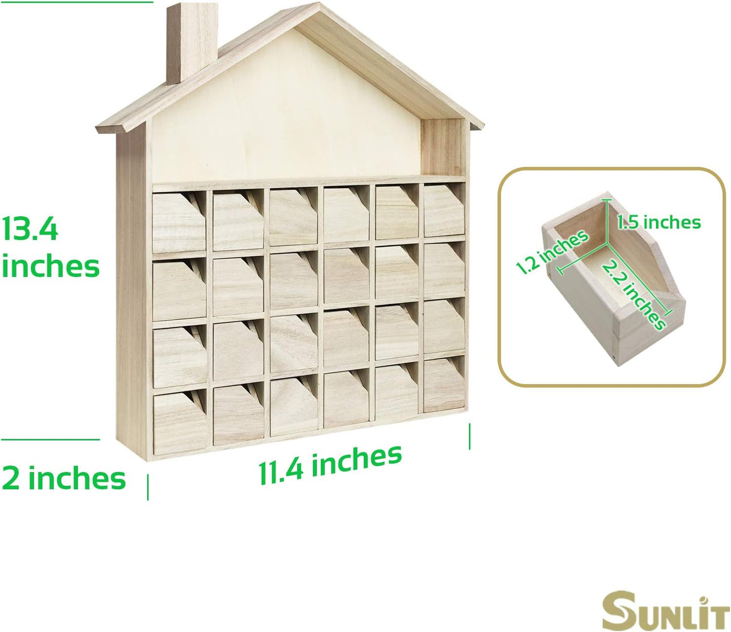 Sunlit Christmas Wooden Advent Calendar with Drawers, Unfinished Wooden, House Shaped Countdown Calendar Ready to Decorate and Personalize | Craft Storage Box | DIY Guru and Crafters