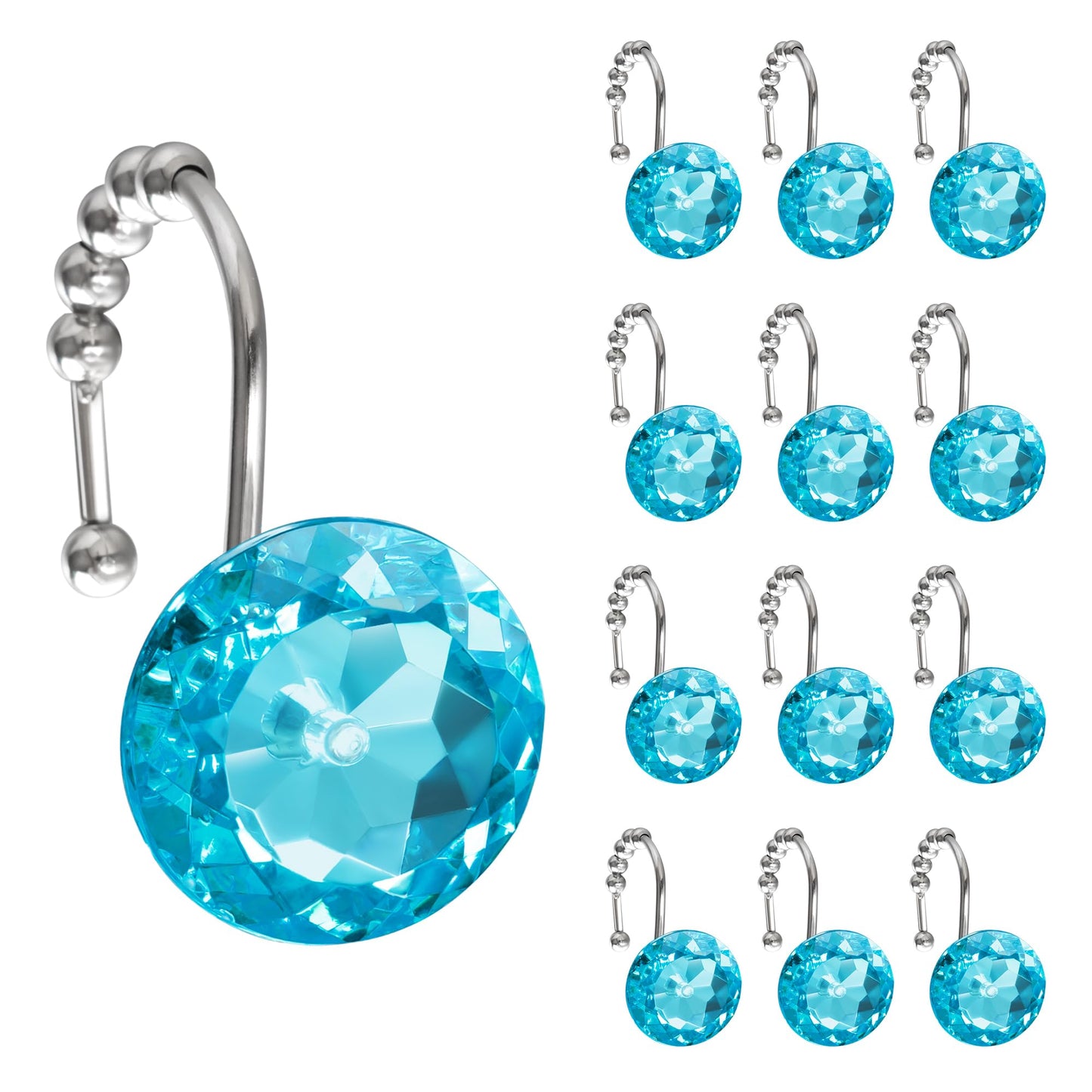 Sunlit Luxury Design Round Yellow Diamond Crystal Gem Bling with Glide Balls Shower Curtain Hooks, Rust Proof Metal Rhinestones Glam Shower Curtain Rings-12 Pack