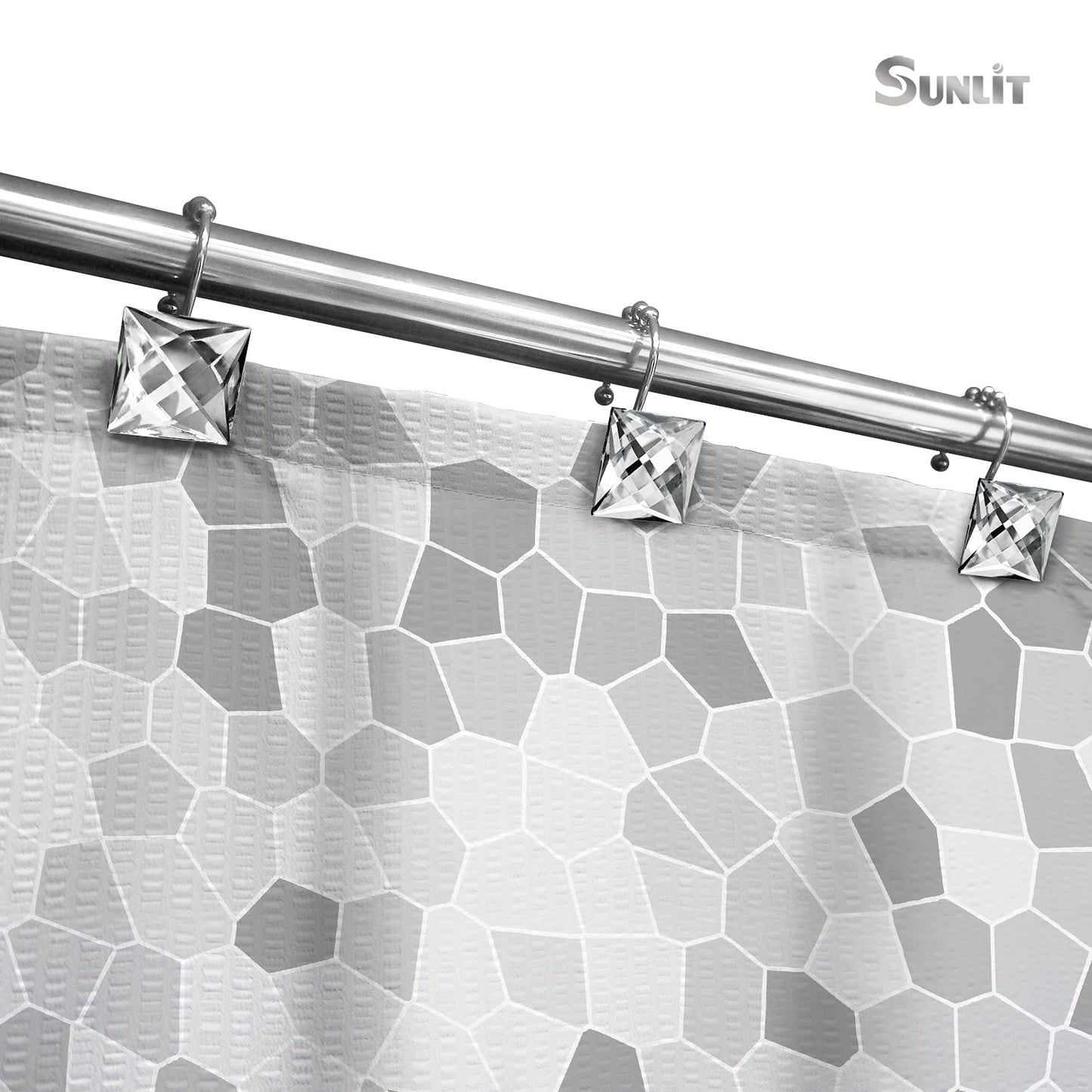Sunlit Luxury Design Square Red Diamond Crystal Gem Bling with Glide Balls Shower Curtain Hooks, Rust Proof Metal Rhinestones Glam Shower Curtain Rings-12 Pack