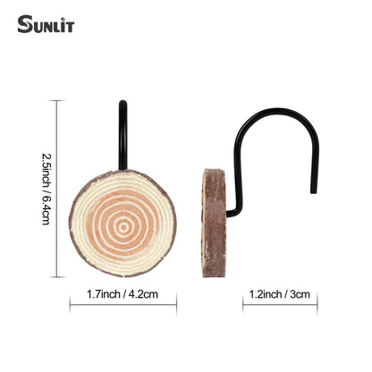 Sunlit Farmhouse Wooden Slices Shower Curtain Hooks, Rustic Home Decorative Shower Curtain Rings with Black Hooks for Bathroom, Resin Shower Curtain Hangers Bathroom Accessories, Set of 12