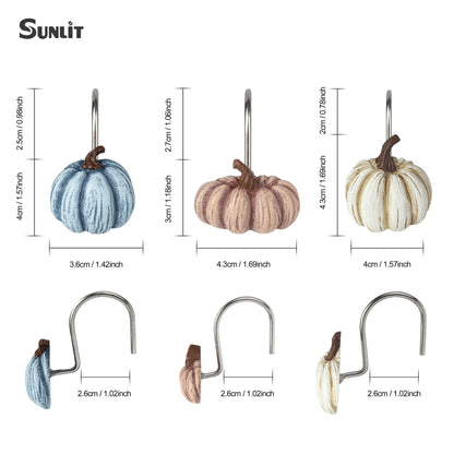 Sunlit Fall Pumpkin Decorative Shower Curtain Hooks, Autumn Harvest Festival Shower Curtain Rings, Resin, Orange Farmhouse Bathroom Curtain Hangers Decoration, Set of 12