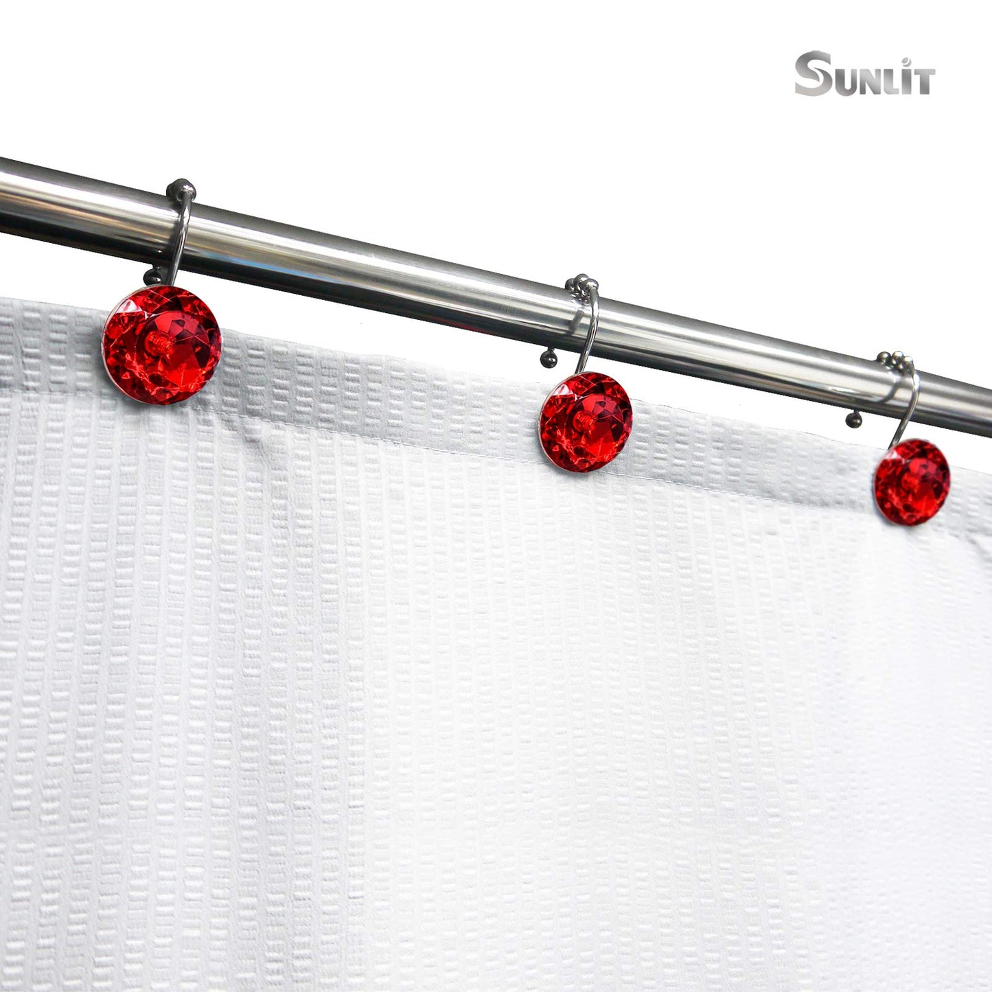 Sunlit Luxury Design Round Clear Diamond Crystal Gem Bling with Glide Balls Double Shower Curtain Hooks, Rust Proof Metal Rhinestones Glam Shower Curtain Rings-12 Pack