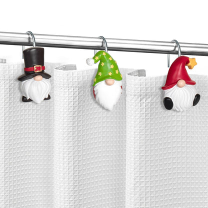 Sunlit Christmas Shower Curtain Hooks, Gnome Shower Curtain Rings, Hand Painted Resin Christmas Decor, Winter Bathroom Decoration, Red Hat with White Polka Dot, Set of 12