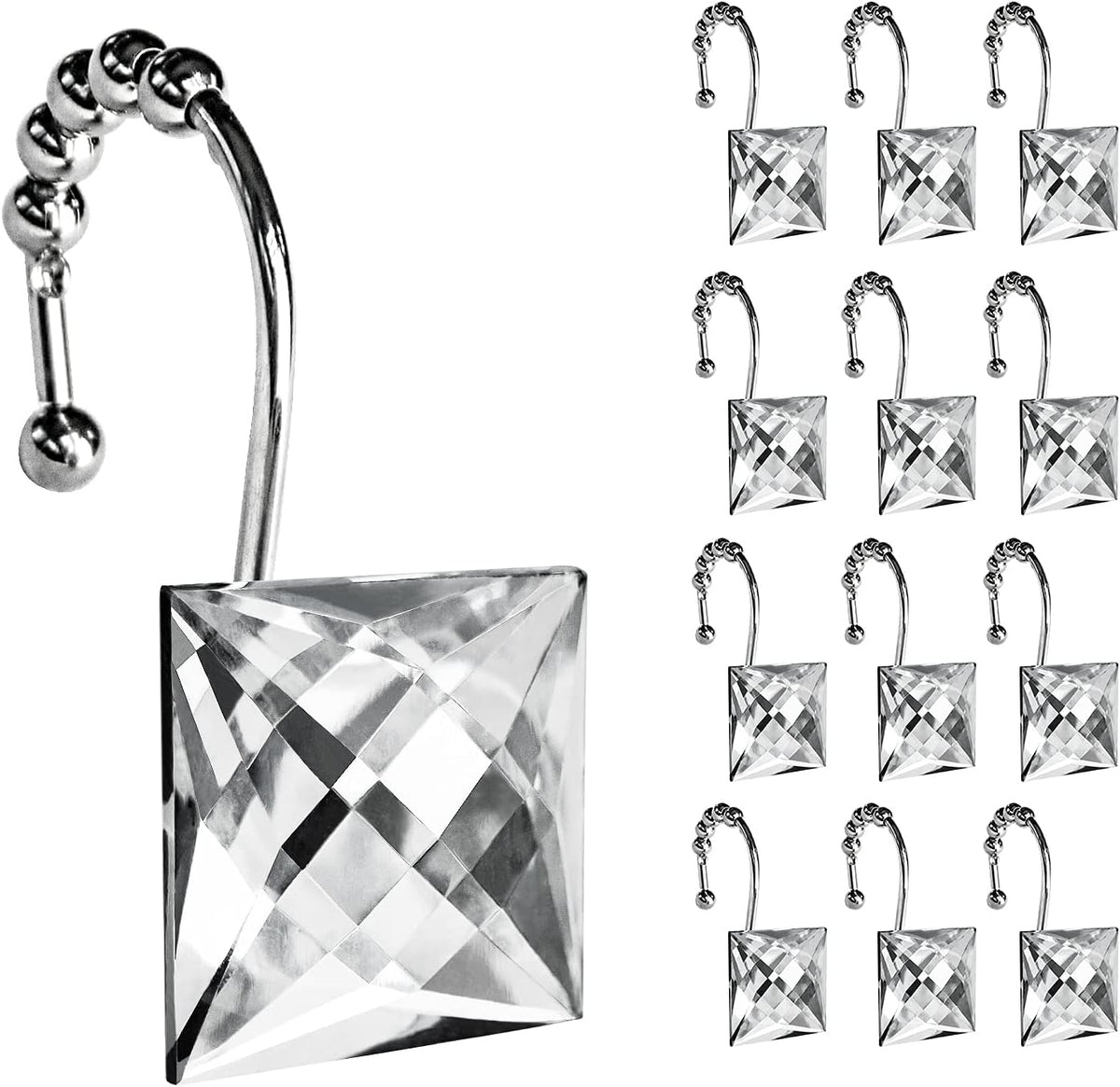 Sunlit Square Rhinestone Shower Curtain Hooks with Glide Balls, 12 Pack
