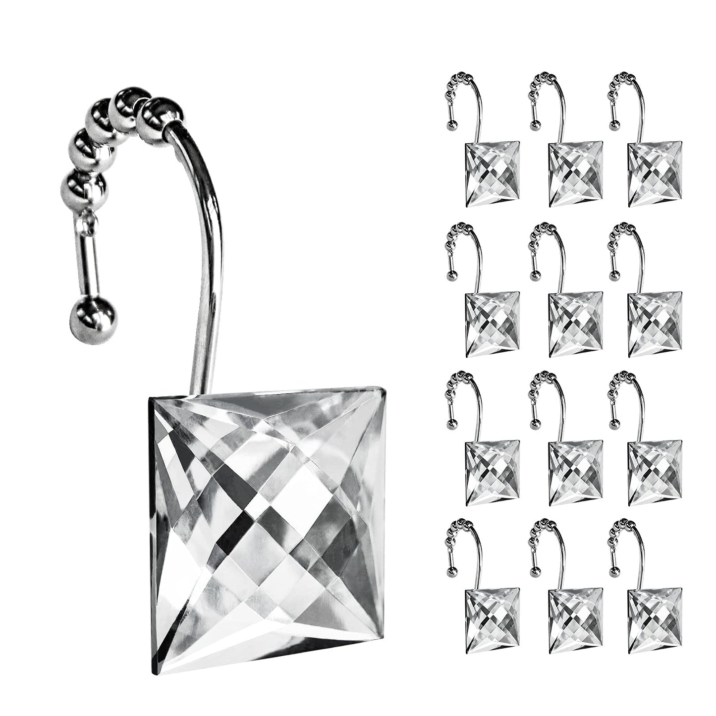 Sunlit Luxury Design Square Red Diamond Crystal Gem Bling with Glide Balls Shower Curtain Hooks, Rust Proof Metal Rhinestones Glam Shower Curtain Rings-12 Pack