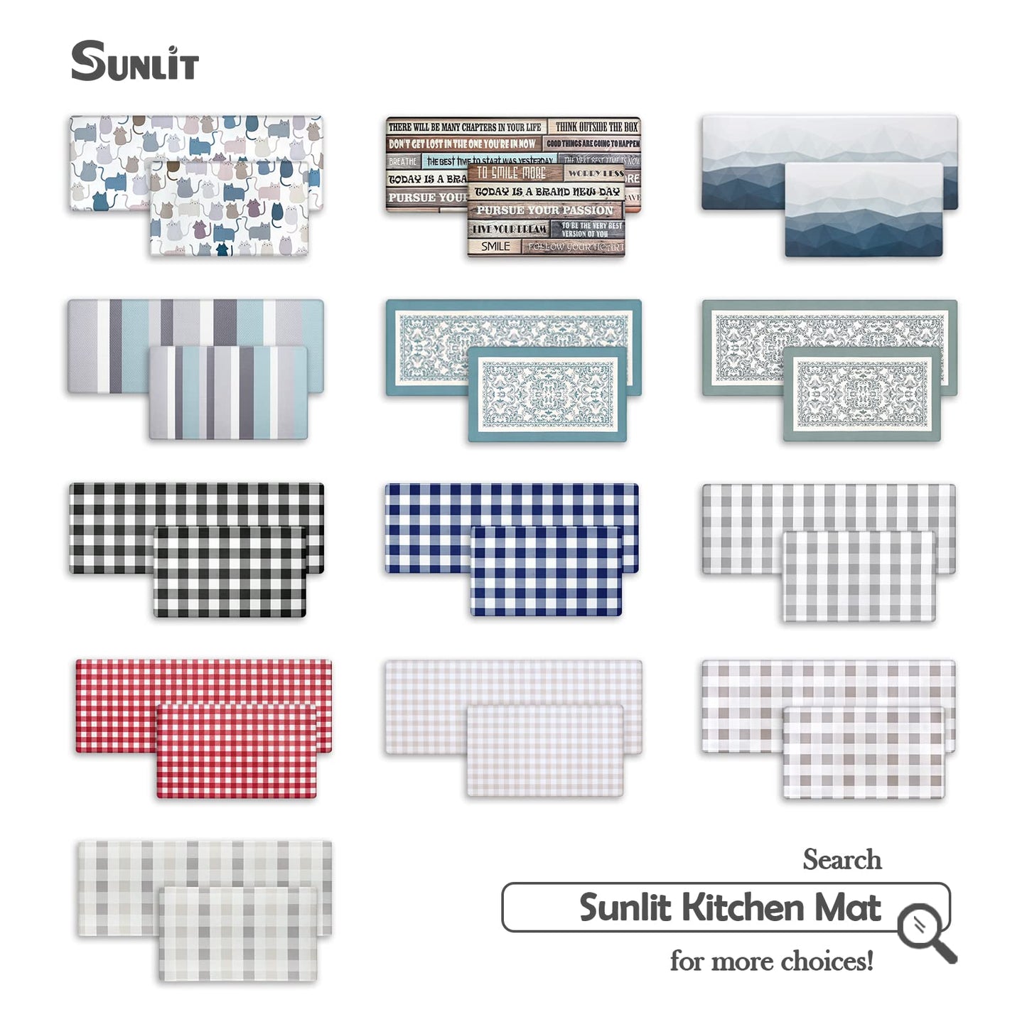 Sunlit Set of 2 Anti Fatigue Kitchen Floor Mat, Non Slip Waterproof Comfort Standing Mat, 0.4 Inch Thick Cushioned Farmhouse Kitchen Rug Runner, White Red Buffalo Check (17"x28"&17"x47")