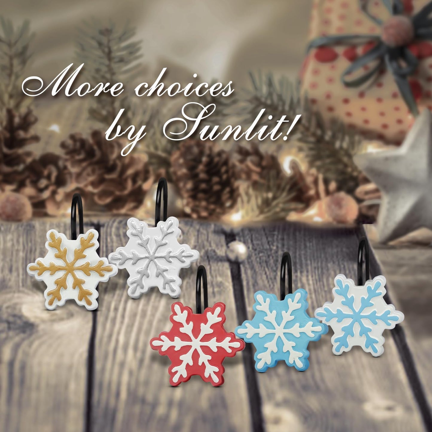 Sunlit Christmas Shower Curtain Hooks Silver Snowflakes Shower Curtain Rings, Resin, White Christmas Decor, Winter Bathroom Decoration - 12 Pack