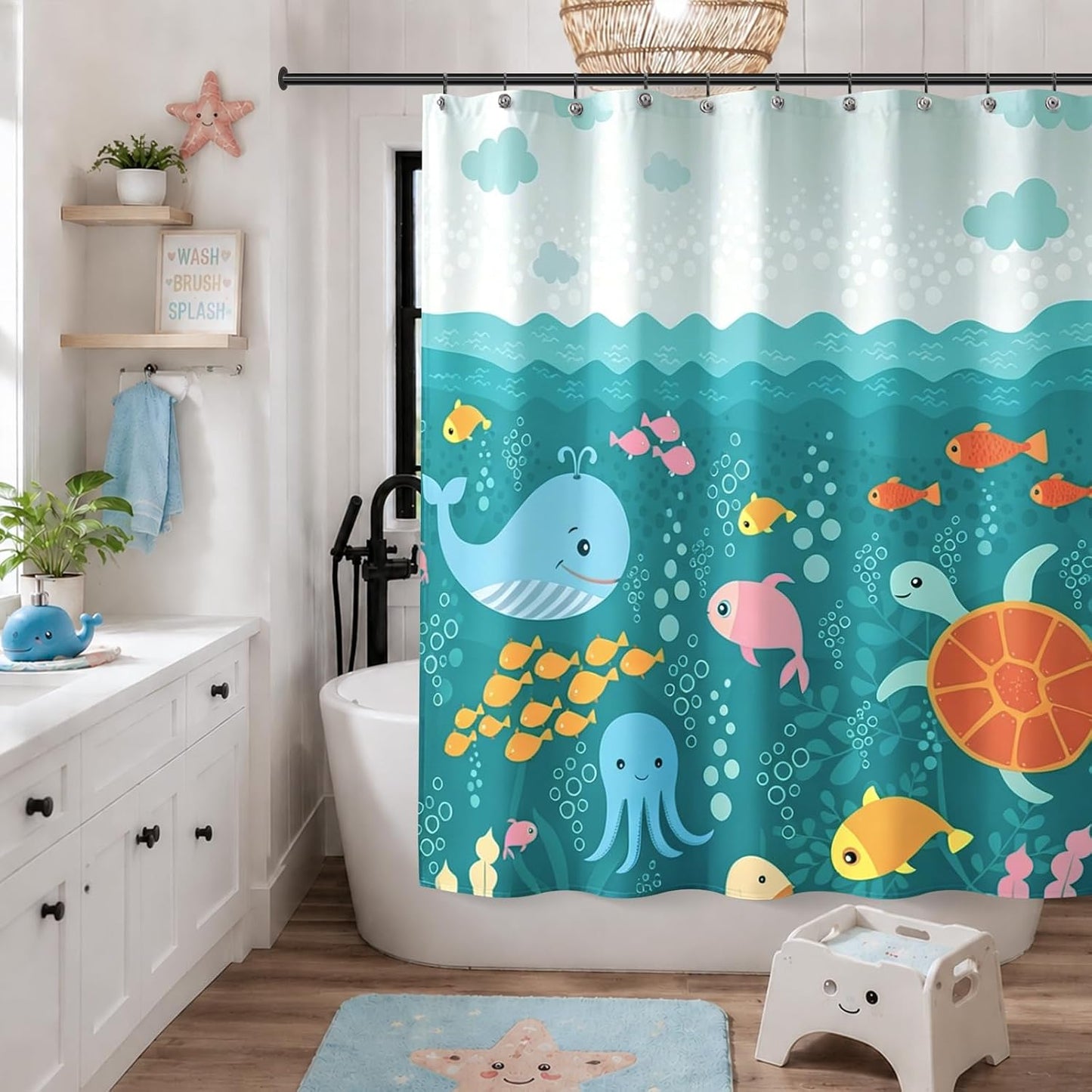 Sunlit Lovely Cartoon Sea Creatures Fabric Shower Curtain for Kids, Whale Turtle and Fish Bathroom Decor Curtain for Girls and Boys