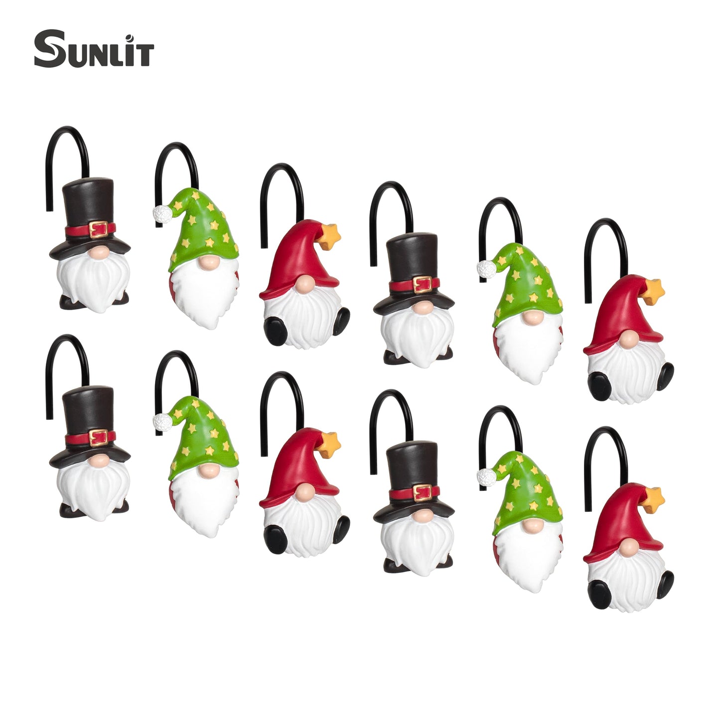 Sunlit Christmas Shower Curtain Hooks, Gnome Shower Curtain Rings, Hand Painted Resin Christmas Decor, Winter Bathroom Decoration, Red Hat with White Polka Dot, Set of 12