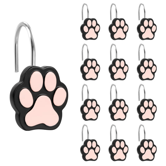 Sunlit Cute Paw Print Decorative Shower Curtain Hooks for Dog Cat Bear, Resin, Lovely Shower Curtain Rings with Black Hooks for Kids, Bathroom Decoration Curtain Hangers, 12 Pack, Black and White