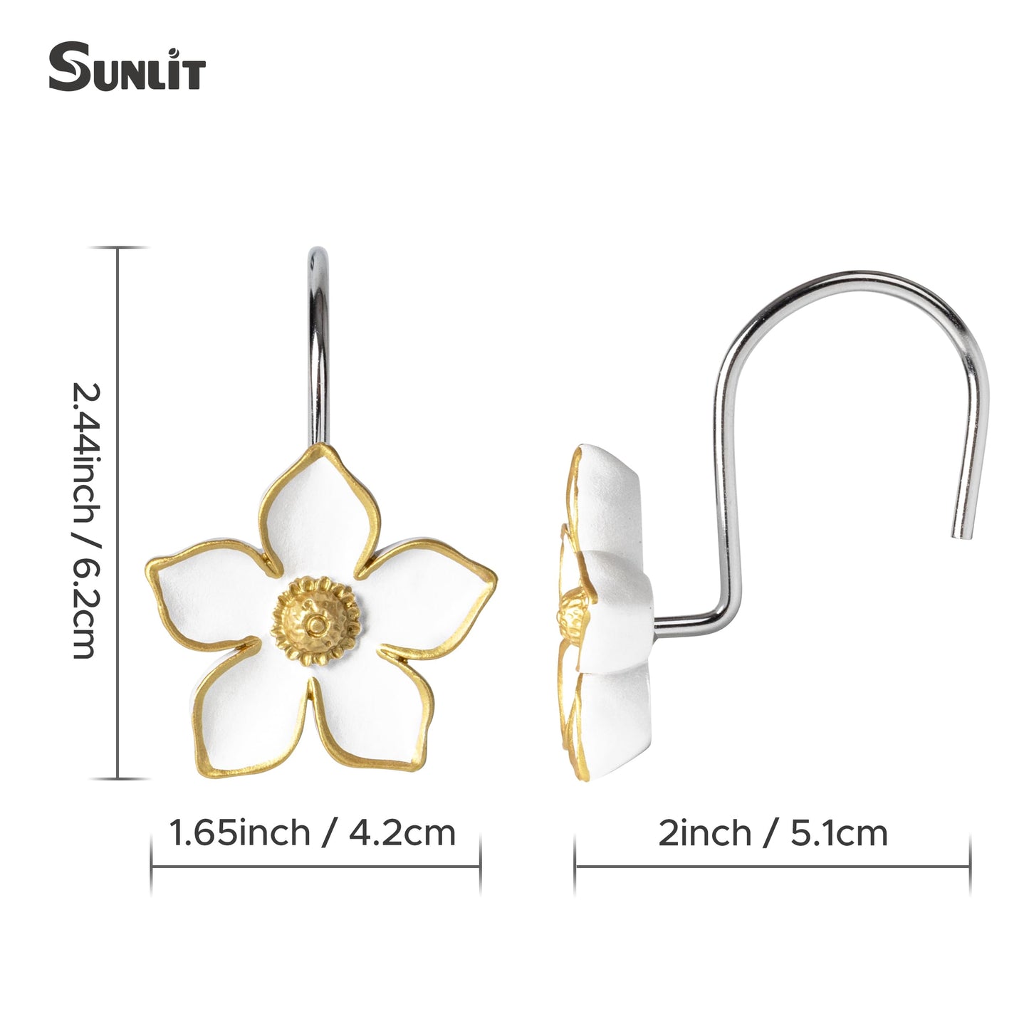 Sunlit Flower Shower Curtain Hooks, Home Decorative Shower Curtain Rings for Bathroom, Resin, White with Gold Edges Floral Shower Curtain Hanger Hooks for Living Room, Set of 12