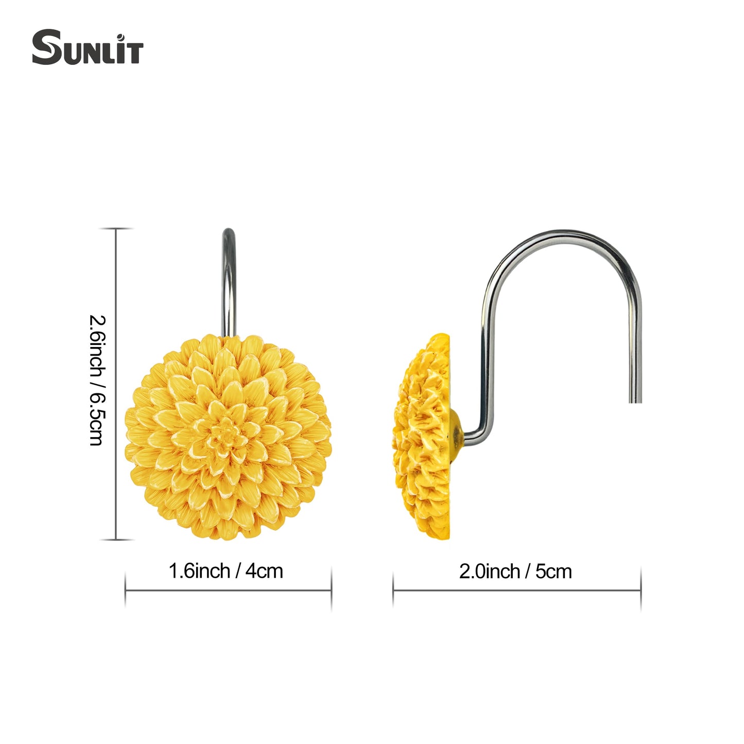 Sunlit Decorative Floral Shower Curtain Hooks, Dahlia Pinnata Flower Shower Curtain Rings, Resin, Bathroom Decoration Yellow Shower Curtain Hooks-12 Pack