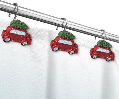Sunlit Christmas Shower Curtain Hooks, Vintage Red Truck with Snow Xmas Tree Shower Curtain Rings, Resin, Rustic Farmhouse Christmas Decor, Winter Bathroom Decoration, Set of 12