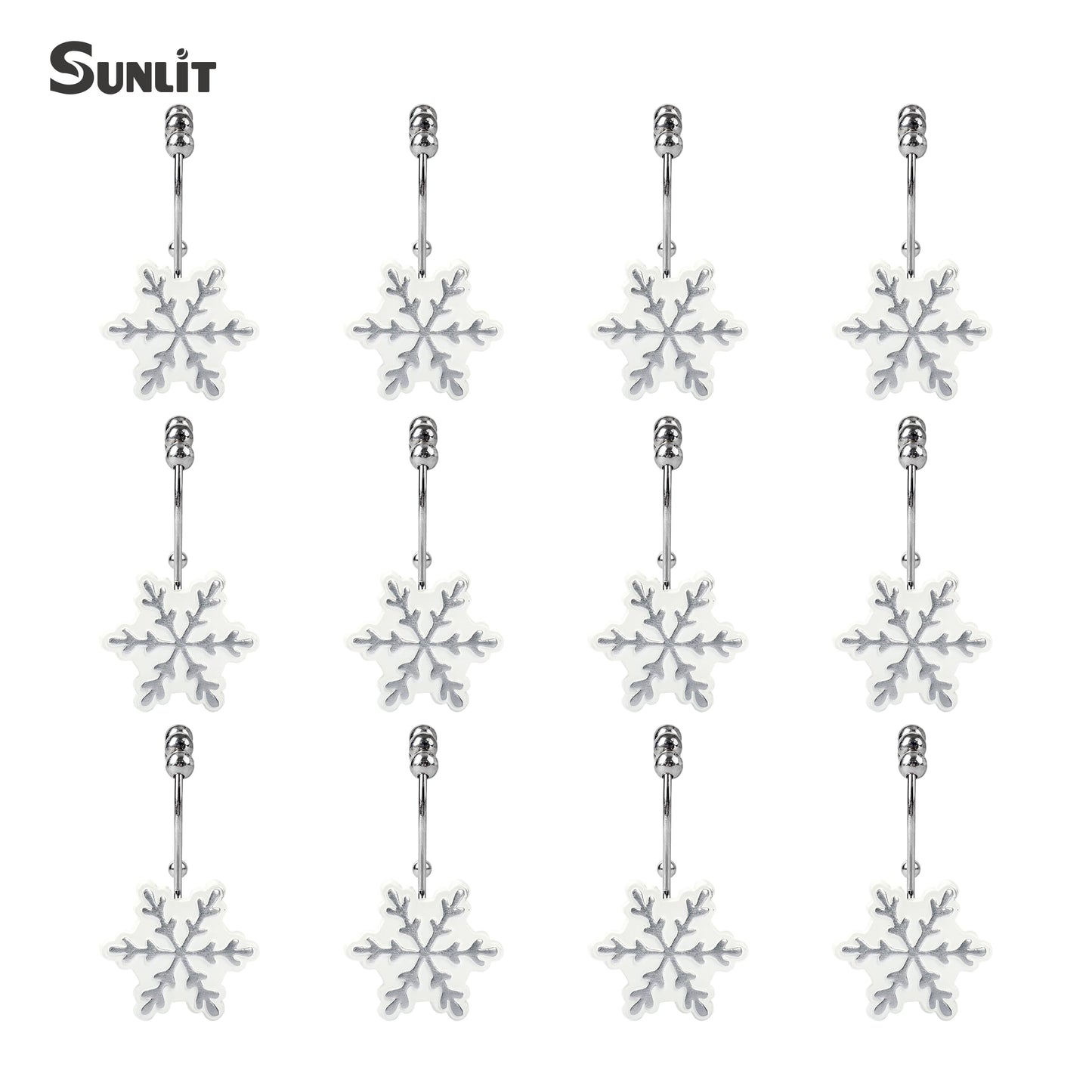 Sunlit Christmas Shower Curtain Hooks Silver Snowflakes Shower Curtain Rings, Resin, White Christmas Decor, Winter Bathroom Decoration - 12 Pack